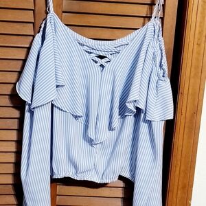 Rue21 Light Blue Striped Off The Shoulder Cropped Blouse W/ Ruffle Detail. Sz Xs